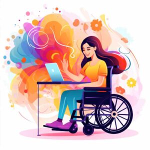 בחורה בכסא גלגלים מחייכת לאתר עם נגישות אתר